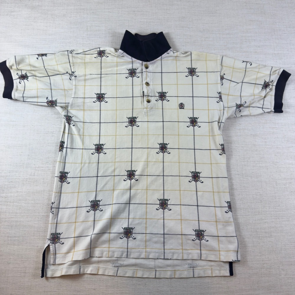Vintage Siegfried Golf Polo Shirt Mens Medium Cream Crest Print 100% Cotton M